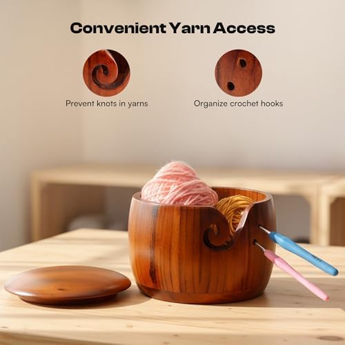 Caydo Yarn Bowl for Crocheting & Knitting, 7x5 in Wooden Yarn Bowl with Lid — view 2