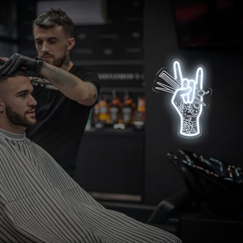 Image of Stylish Hand Holding Scissors and Comb Neon Sign Hair studio Led Light | USB Powered Dimmable Beauty Shop Neon Decor Salon Clipart Decor, Business Wall Decoration Sign 15.7 inchx11.8 inch