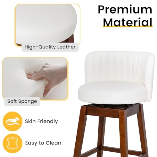 Image of COCO DESIGN Swivel Bar Stools Set of 2, 24 inch Counter Height Mid Century Modern Barstools with Back, Leather Upholstered Seat and Solid Wood Legs, for Bar Kitchen Island, Pearl White