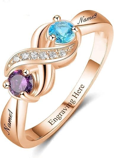 Customized and Personalized Two Birthstone Ring Name Engraved 925 Sterling Silver/10K/14K/18K Gold Engraved Ring For Mom Wife Women