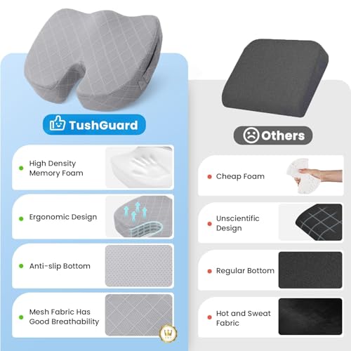 Image of TushGuard Office /Car Seat Cushion, Non-Slip Sciatica & Back Coccyx Tailbone Pain Relief Chair Pad, Memory Foam Butt Pillow for Computer Desk, Wheelchair, Driving (Light Grey, X-Large)