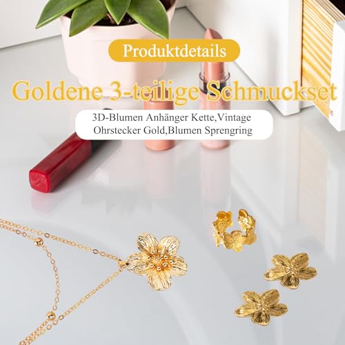AHEJIOO 3er-Set Schmuck, Goldene Ohrringe Damen, Blumen Ohrringe Goldene, Gold Schmuck, Ring Gold, Vintage Goldschmuck Set Mit Blumen Halskette Und Ring, Ideal Für Hochzeiten Und Besondere Anlässe – Bild 4