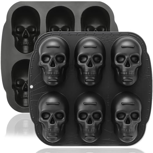 Image of HKNMTT Skull Silicone Baking Pan for Halloween Pizza Cake, 6 Cavities 3D Large Molds, Nonstick Skeleton Head for Soap Ice Tray Oven Safe