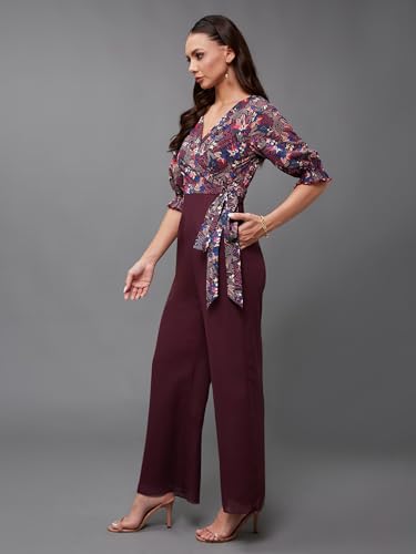 Image of Miss Chase Women's V-Neck Half Sleeve Tropical Wrap-Styled Jumpsuit