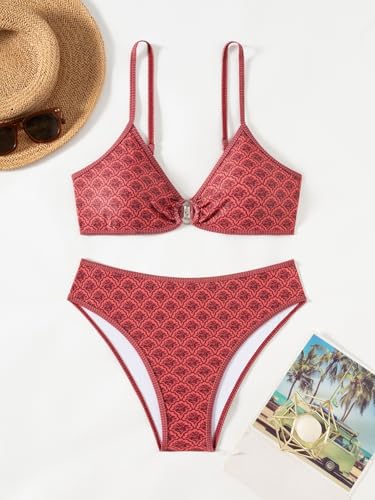 Image of Fanuerg Women's Triangle Bikini Sets O Ring Linked Two Piece Swimsuits Floral Printed Cheeky Bathing Suit