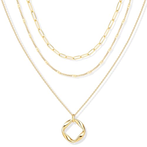 Layered Gold Necklaces for Women,14k Gold Plated Dainty Stackable Choker Necklaces for Women Trendy Layering Geometric Pendant Paperclip Dot Chain Necklace Set Jewelry Set Gifts