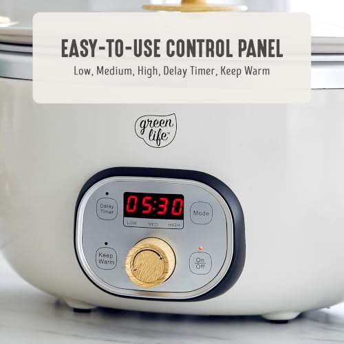 Image of GreenLife 6QT Slow Cooker, Non-Toxic PFAS-Free Ceramic Nonstick Removable Interior Bowl, Programmable, Family Friendly, Keep Warm, Stovetop & Oven Safe, Dishwasher Safe Crock, Timer, Glass Lid, Cream