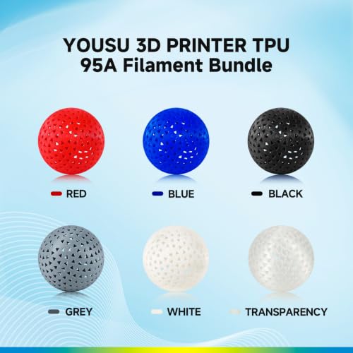 Image of YOUSU 95A TPU Filament 1.75mm 6 Pack 1kg Spools, Flexible Soft 3D Printer Filament, Clog-Free Tangle-Free, High Elasticity, Fit Most FDM Printers for Makers & DIY Projects