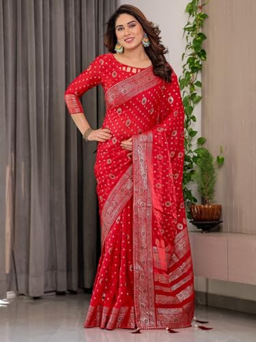 Image of ALMAARI FASHION Fendy Satin Foil Print Floral Saree with Tassels, Traditional Butti Motifs, 5.5m with 0.8m Blouse (FOIL 102 RED H)