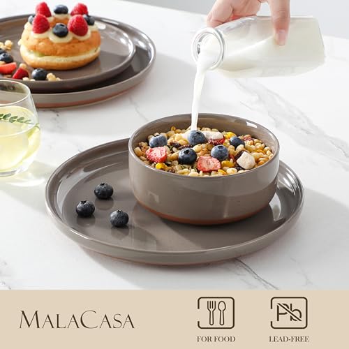 MALACASA Geschirrset 6 Personen, TARA 18-teiliges Modernes Steingut Geschirr Set - Schüssel- und Teller Set, Tafelservice Kombiservice mit je 6 Speiseteller, Dessertteller und Müslischalen - Braun