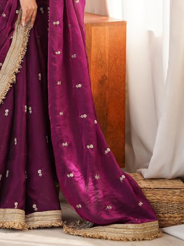 Image of AKHILAM Women's Shimmer Off White Georgette Sequence Embroidery Saree With Unstitched Blouse Piece