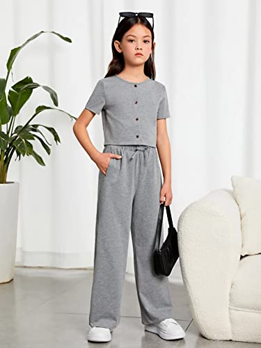 Image of OYOANGLE Girl's 2 Piece Outfits Button Front Short Sleeve Tee Shirt and Tie Front Pants Set