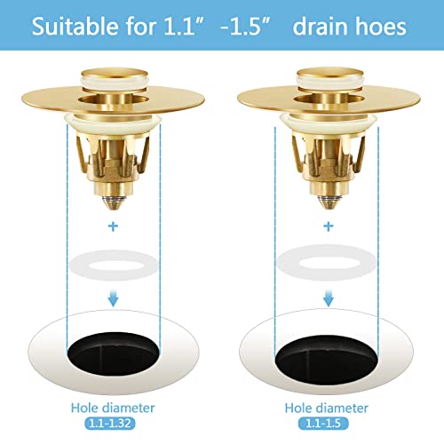 Image of Gold Bathroom Sink Stopper - Pop Up Drain Stopper & Strainer, 2-in-1 Universal Sink Stopper, Compatible with 1.1 inch to 1.5 inch Bathroom Sink Drain Pipes, Gold Matte Brushed Finish