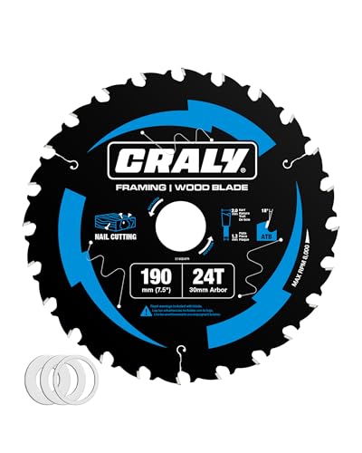 CRALY 190mm 24 Teeth Framing Cutting Circular Saw Blade 30mm Arbor Carbide Tipped Thin Kerf Black Ice Coating for Plywood MDF OSB Laminated(E19024FR)