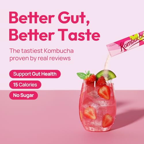Image of TEAZEN Strawberry&Kiwi Kombucha Powder, Hydration Drink Mix, Sugar Free, Live Probiotics & Prebiotics, On-the-Go 10 Packets, 1.76oz