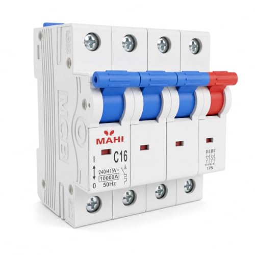 Image of MAHI 16A Four Pole MCB C Curve, Miniature Circuit Breaker with Overload & Short Circuit Protection, 16A Breaking Capacity, Durable Polycarbonate Body for Home & Industrial Use