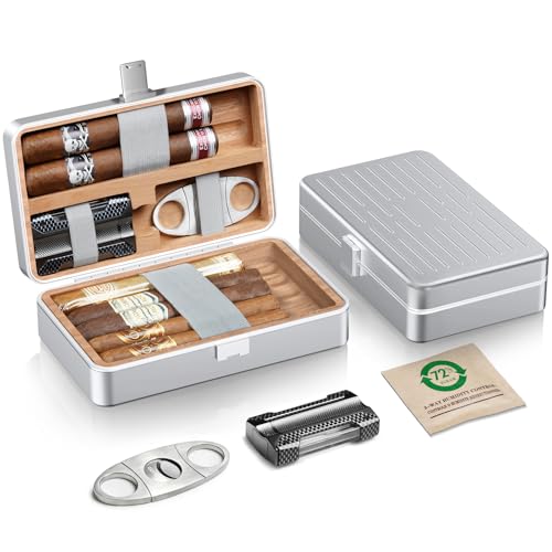 Travel Cigar Humidor Box for 7 Cigars - Aluminum & Spanish Cedar Cigar Case with 72% Humidity Pack,3 in 1 Cigar Lighter, Guillotine Cigar Cutter, Cedar Insert, Gift for Cigar Lover