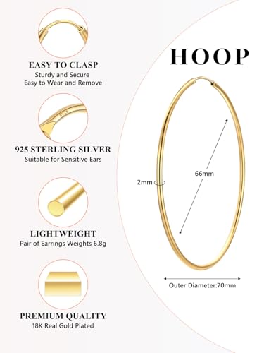 Silvora 925 Sterling Silver Hoop Earrings, Hypoallergenic Polished Big Hoops 18K Gold Jewelry Gifts for Women 20mm/30mm/50mm/70mm with Delicate Packaging4