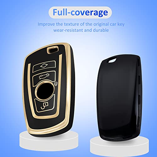 Yhc For Bmw Key Fob Cover Shell Case Fit Bmw X1 X2 X3 X5 X6 X7 And Series 1 2 3 4 5 6 7 8 With Gold Key Chain (A-Black) #TOP2