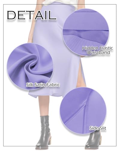 Image of Amy Babe Womens Satin Silk High Waist Slit Midi Skirt Long Skirts for Women | Elastic Waistband, Side Split, Midi Length, Below the Knee, Silky Fabric, Elegant, Fall Winter Outfits