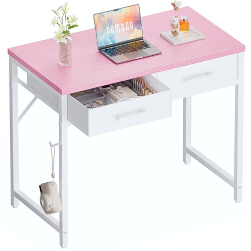 Pamray 32 Inch Small Computer Desk with 2 Drawers for Bedroom Study Writing Home Office Table for Small Spaces Pink