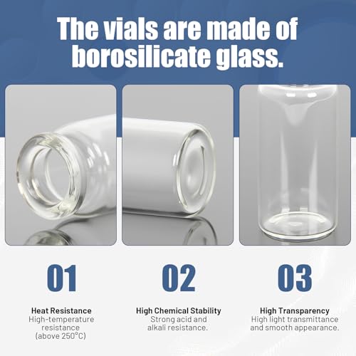 Chudeng 10ml Clear Glass Vials-2-1/2 Dram Clear Glass Headspace Vials with Plastic-Aluminum Flip Caps and Rubber Injection Stoppers, 100 Pack, 20mm Flat Bottom Lab Vial