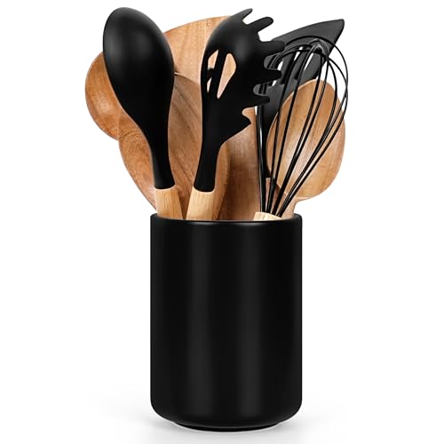 Winter Shore Bote Utensilios Cocina Negro Grande - Cubertero de Cerámica - Porta Utensilios Cocina de Porcelana - Para Cuchillo y Tenedor Grande - Organizador Utensilios Cocina para Encimeras