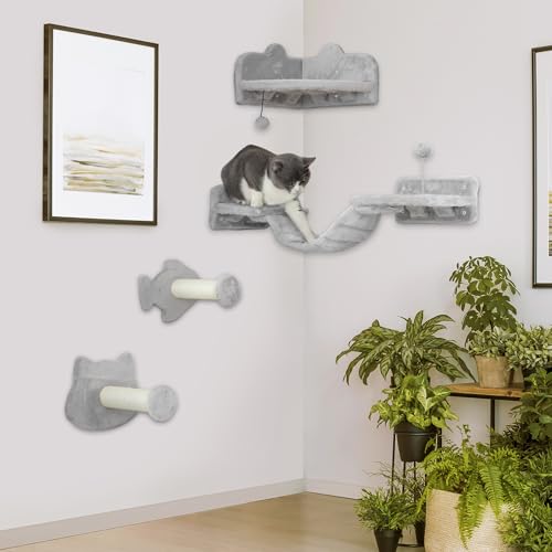 PawHut Cat Wall Shelves, 4 Piece Set, Light Grey