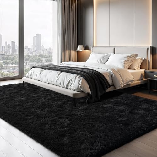 Zentavio 8x10 Black Area Rugs for Living Room Clearance Bedroom Large Men Room Carpet Fluffy Furry Shag Aesthetic Plush High Pile Floor Rug for Nursery Kids Room Dorm Home Decor