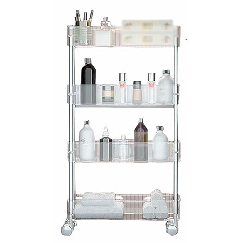 キッチンワゴン スリム トローリー お風呂ラック キャスター付き 隙間収納 13cm 4段 3段 すきま コンパクト 省スペース バスケット ボトルスタンド トロリ 収納カート 大容量 ストッカー ランドリー バスルーム 用品-透明||4段