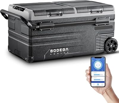 BODEGACOOLER 12 Volt Car Refrigerator, 100 Quart Portable Freezer, Car Fridge Dual Zone WIFI APP Control, -4?-68? Cooler, 12/24V DC and 100-240V AC, for Travel, Camping, Outdoor,RV, black
