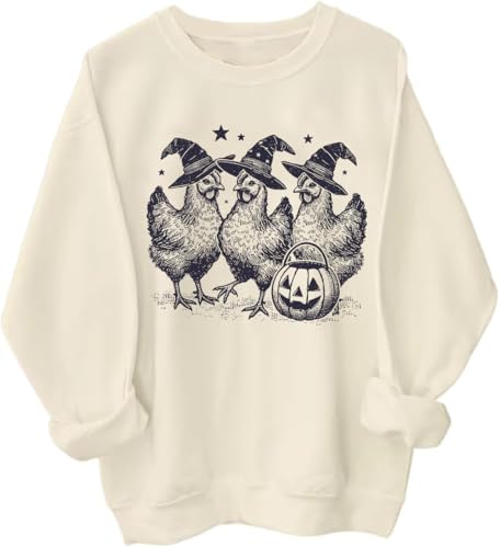 Chicken With Witch Hat Sweatshirt Chicken Witches Funny Halloween Hoodie Sweatshirt Funny Graphic Shirts Long Sleeve