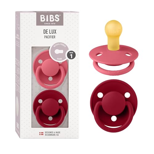 BIBS De Lux Ciuccio confezione da 2 pezzi. Privo di BPA, Tettarella tonda. Lattice di gomma naturale, Misura 1 (0-6 mesi), Coral/Ruby