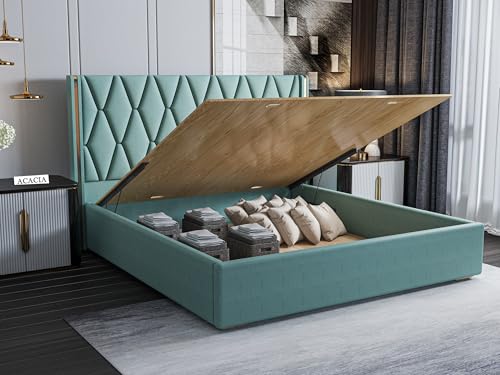 Image of Acacia Modern Upholstered Queen Size Bed with Hydraulic Storage for Bedroom | Wooden Furniture Double Beds for Home & Hotels | Platform Cot Bed with Upholstery Fabric, 6.5 x 5 Ft, Sheesham Wood, Green