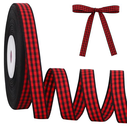 TONIFUL 3/8 Inch x 25 Yards Black Red Gingham Buffalo Checkered Ribbon Plaid Fabric Ribbon for Easter Valentine Birthday Wrapping Baby Shower Hair Bow Accessories Floral Craft Bouquet