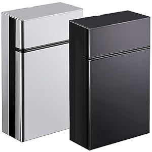 roygra Cigarette Case 20 Capacity, Aluminum Automatic Slider – 2 Pack (Black+Silver, 85mm King Size)