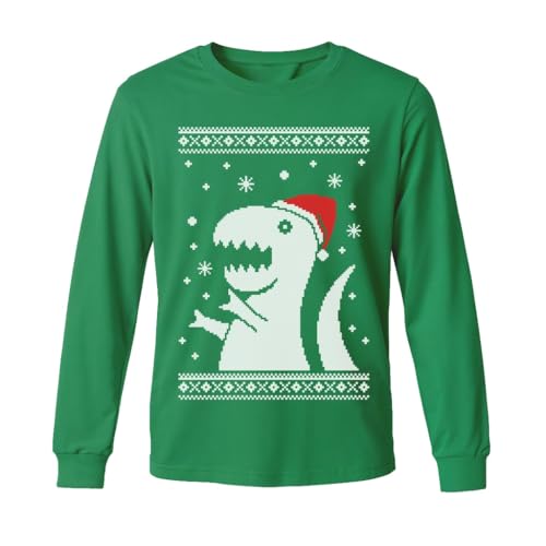 Tstars Boys Ugly Christmas Shirt Santa Dinosaur Tacky Sweater Style Xmas Holiday Youth Kids Long Sleeve T-Shirt Medium Green