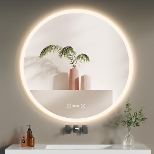 YOLEO Badspiegel mit Beleuchtung rund 70cm, Badzimmerspiegel LED mit Uhr und Temperatur, Wandspiegel mit Touchschalter und Explosionsgeschütztes Glas, 3 einstellbare Lichtfarbe