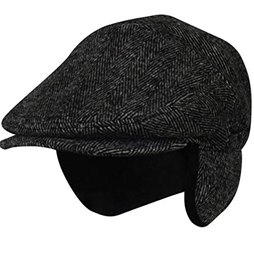 EPOCH HATS 100% Wool Herringbone Winter Ivy Cabbie Hat w/Fleece Earflaps – Driving Hat (L, IVE2341DK Gray)