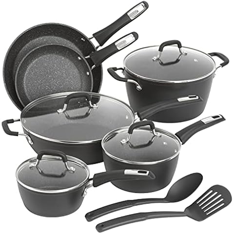 GoodCook 12-Piece Micro-Divot Nonstick Aluminum Cookware Set with Pans, Dutch Oven, Spoon and Turner, Black (6184) Cover
