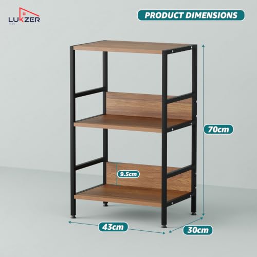 Image of Lukzer 3-Tier Wooden Bedside Table for Bedroom & Multipurpose Open Storage Shelf (MMR-006-Black & Oak Brown) Metal Side Tables for Living Room & Space-Saving Kitchen Organizer Rack (70 x 43 x 30 cm)