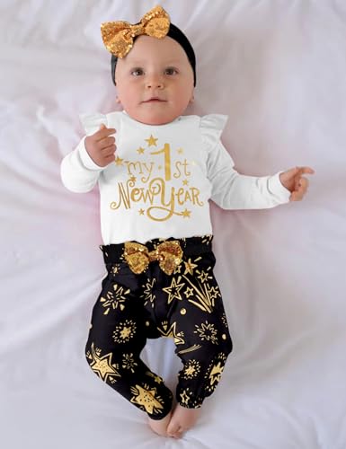 My First New Years Baby Girl Outfit Ruffle Long Sleeve Top Party Gift Pattern Pants Headband 3 Piece Set2