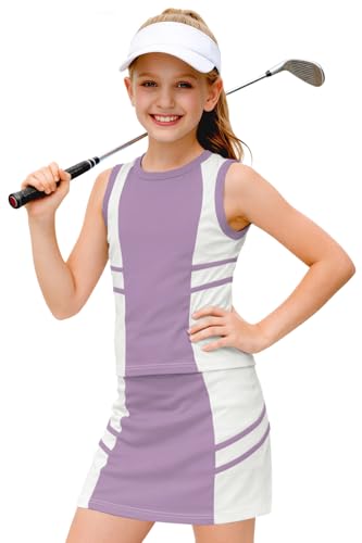 Image of AOBUTE Girls Tennis Golf Outfit Tank Top and Skirt with Shorts Set 4-12 Years