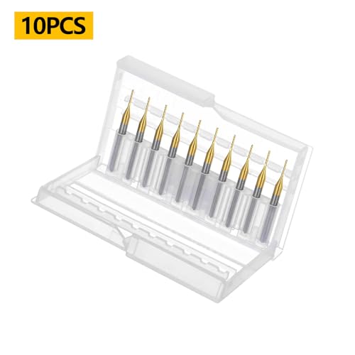 Image of Tools 10Pcs 0.6mm TiN Coating Solid Carbide End Mill Engraving Milling Cutter CNC Router Bits for PCB Machine, 1 /8 inch Shank 1BOX