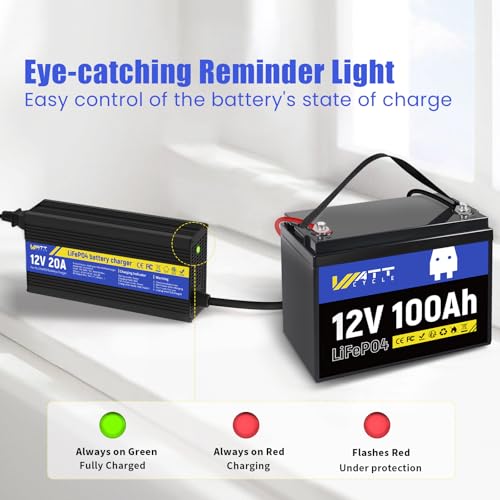 Image of WattCycle 14.6V 20A Intelligent Float Charger - Battery Charger for All Vehicle Types, Sparkless Technology, Lightweight - Protects Li-Ion Batteries with Efficient Charging