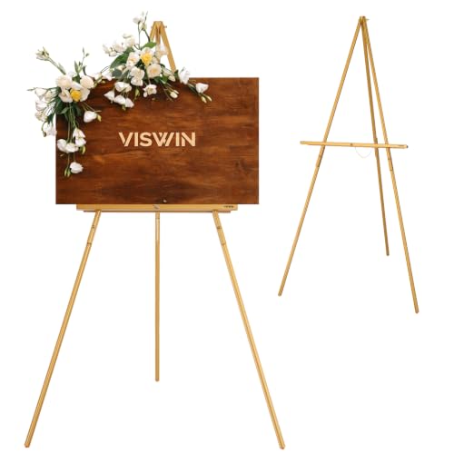 VISWIN Upgraded 63 Gold Wooden Easel Stand for Sign Tripod Easel for Wedding Sign Stand Welcome Board Poster Picture Canvas Art Easel Floor with Tray for Display & Painting
