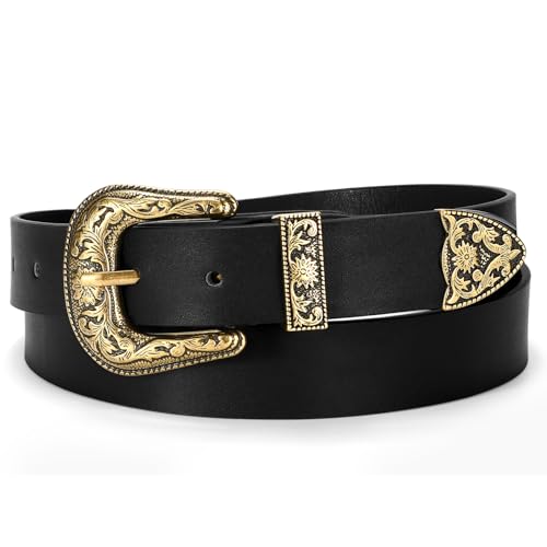 Image of SUOSDEY Fashion Leather Belts for Women with Vintage Metal Buckle Belt, 08-black(gold Buckle), S:24''-28'' Waist