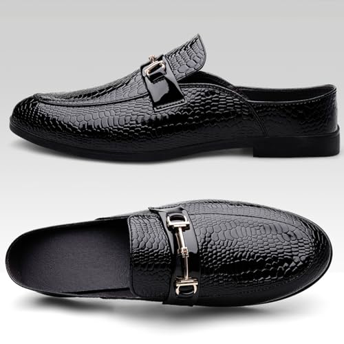 Men's Patent Leather Slip-On Dress Mules Slippers Fashion Printing Comfort Round Toe Low Heel Open Backless Casual Clogs Loafers with Metal Buckle Decoration3