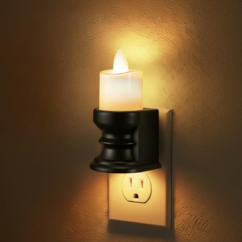 Image of Meonum Flickering Flameless Candle Night Light Plug in, Dimmable LED Nightlight with Dusk to Dawn Sensor, Decorative Candle Light for Bedroom, Hallway, Bathroom(1 Pcs,Warm Yellow & Black Base)