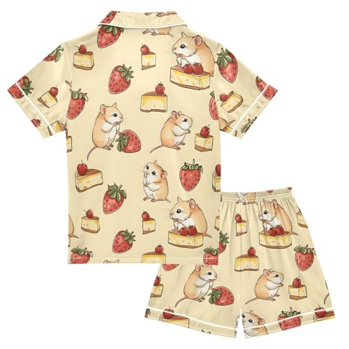ALAZA Mouse Cake Strawberry Satin Pajamas Set Short Sleeve Button Down Sleepwear Summer Pjs 2 Piece2